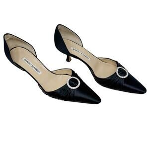 Manolo Blahnik Black Satin Crystal Buckle Kitten Heel D’Orsay Pumps 38.5